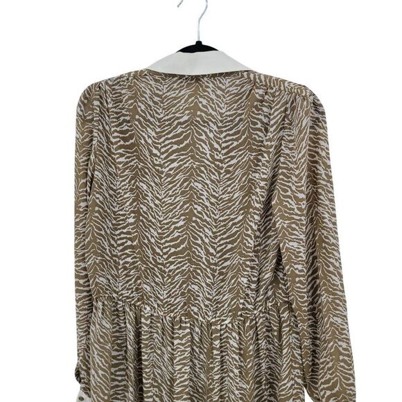 Vtg 70s Tan Zebra Long Sleeve Collared Midi Dress Sz S‎ Sheer Modest Church - Picture 8 of 10